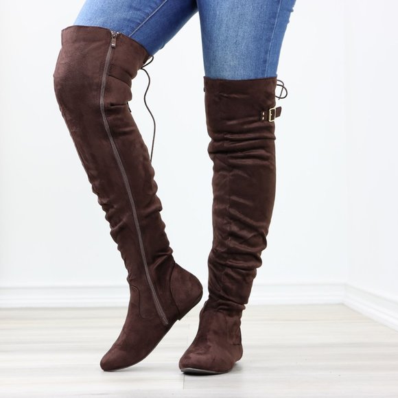 Brown Thigh High Over The Knee Flat Boots Faux Suede Laced Back - Picture 11 of 14